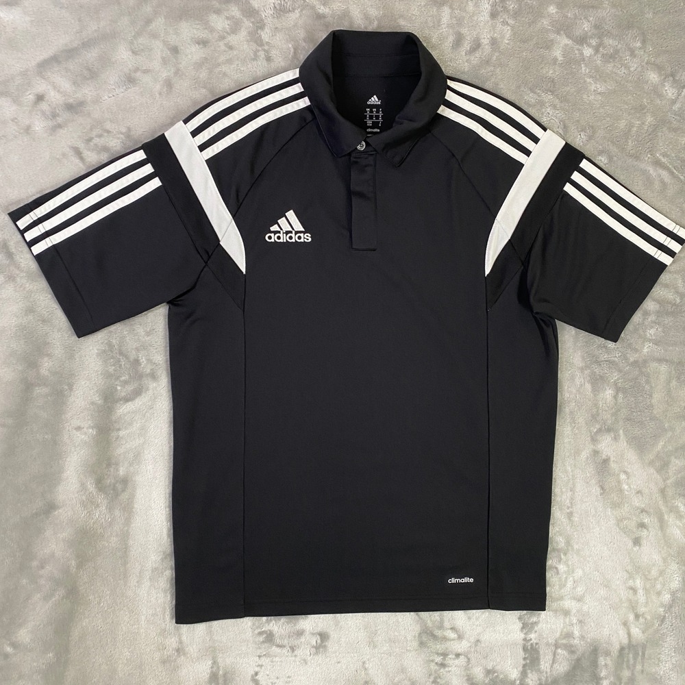 Adidas Polo Shirt Mens Medium Black White F76956 Climalite 3 Stripe Sport